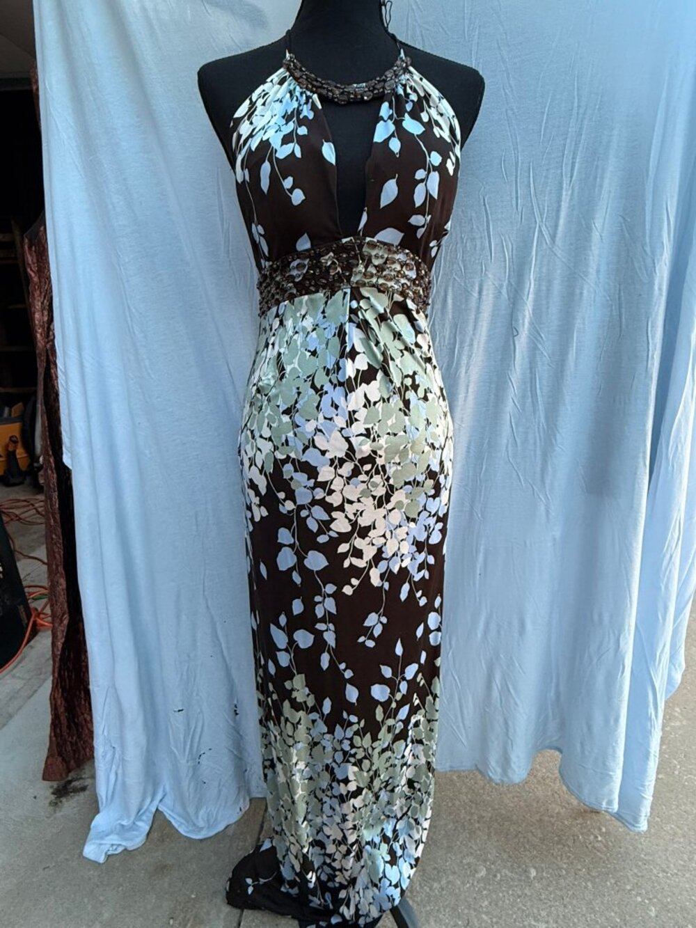 Arden B Floral Beaded Halter Maxi Dress Open Back